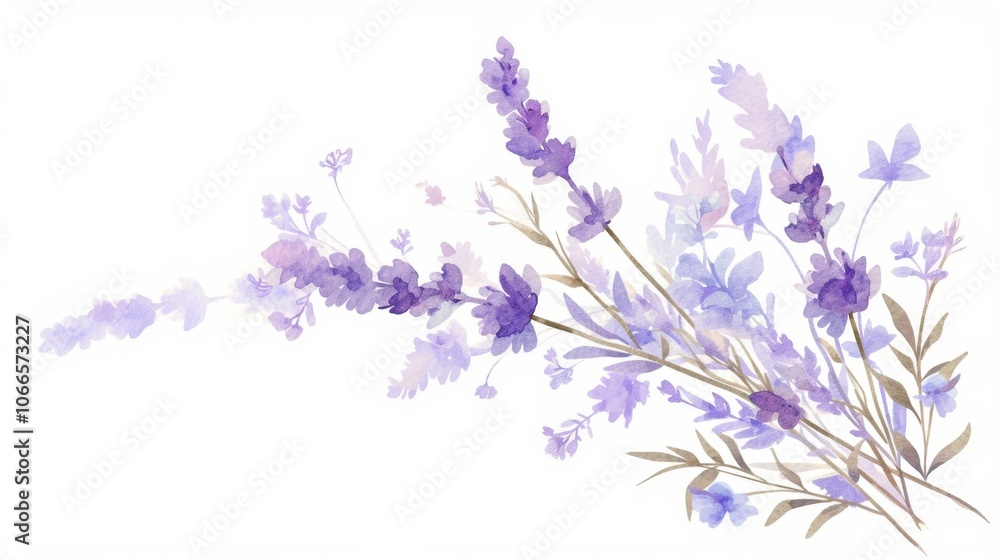 Naklejka premium Delicate lavender sprigs in a soft purple watercolor style, minimalistic isolated composition on white background for postcards, banners