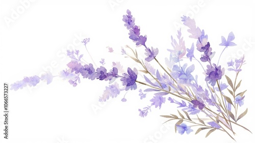 Delicate lavender sprigs in a soft purple watercolor style, minimalistic isolated composition on white background for postcards, banners