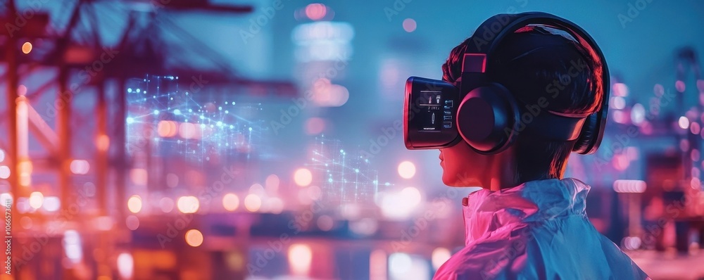 Fototapeta premium Port Crane Operator Tracking Containers with Digital Headset in Real Time Logistics Communication