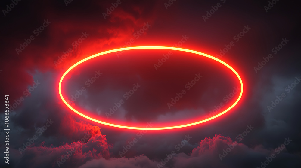 A glowing red neon ring set against a dark, cloudy background, creating a powerful, dramatic visual that contrasts the intense red glow with the shadowy surroundings. A glowing red neon ring set against a dark, cloudy background, creating a powerful, dramatic visual that contrasts the intense red glow with the shadowy surroundings.
