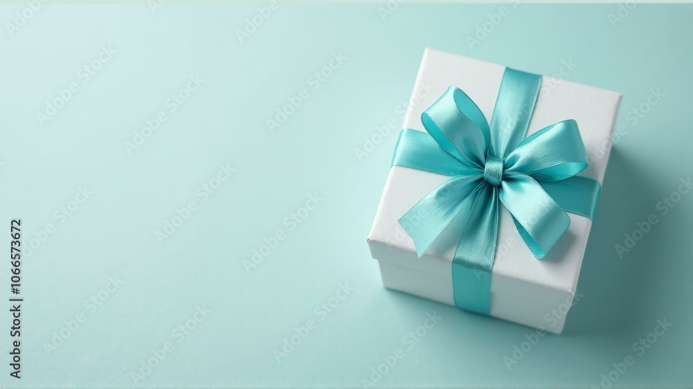 White Gift Box With Teal Satin Ribbon On Light Blue Background White Gift Box With Teal Satin Ribbon On Light Blue Background