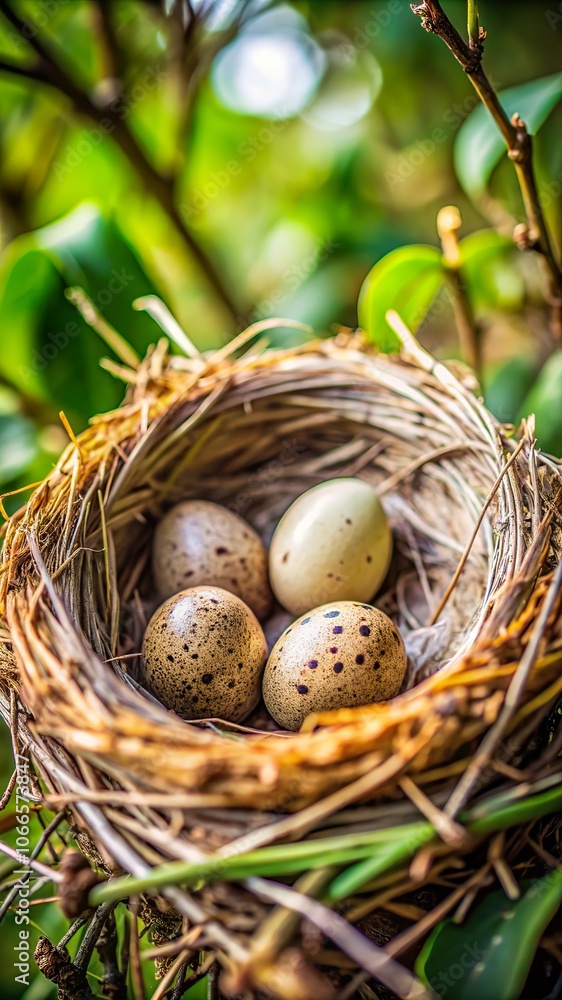 Close-up of bird nests containing speckled eggs, nestled in foliage during springtime Close-up of bird nests containing speckled eggs, nestled in foliage during springtime