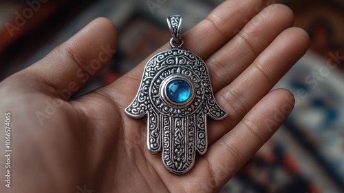 A silver hamsa hand charm with a blue gemstone in the center, held in a hand.