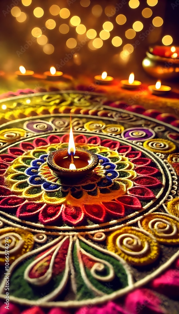 Diwali rangoli with multicolored background in neon realism style, celebrating indian festival and culture, vibrant decoration, festive design, diwali decor, colorful art. Realism. Illustration Diwali rangoli with multicolored background in neon realism style, celebrating indian festival and culture, vibrant decoration, festive design, diwali decor, colorful art. Realism. Illustration