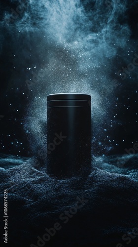 Mysterious Black Whey Protein Container Emerging From Darkness photo