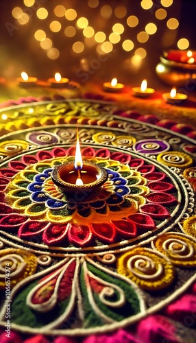 Wallpaper Mural Diwali rangoli with multicolored background in neon realism style, celebrating indian festival and culture, vibrant decoration, festive design, diwali decor, colorful art. Realism. Illustration Torontodigital.ca