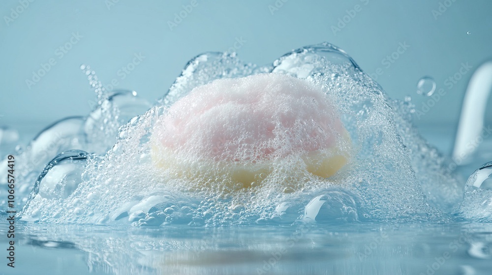 Fototapeta premium Detergent foam bubble on water. Blue background Soap