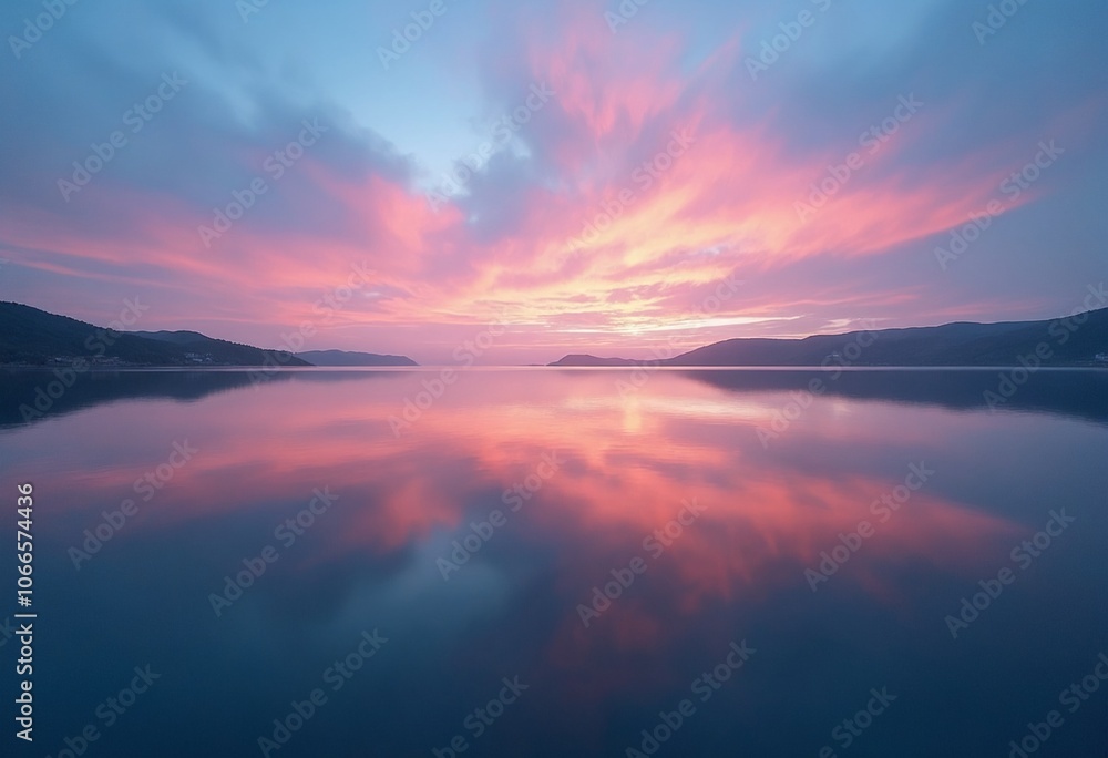 Vibrant pastel clouds reflecting on tranquil water at dusk
