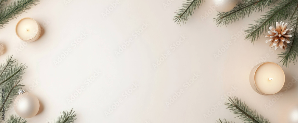 Serene Christmas scene with candles, pine branches, and ornaments. Perfect for holiday celebrations and festive decorations Serene Christmas scene with candles, pine branches, and ornaments. Perfect for holiday celebrations and festive decorations