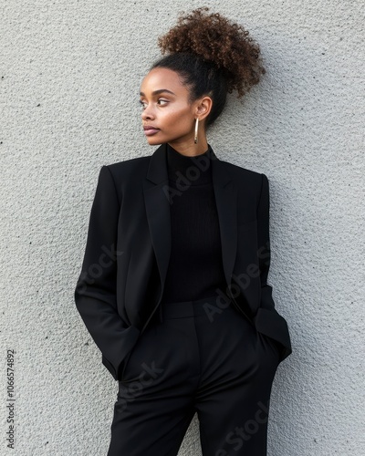 A young woman with curly hair wearing a black suit and looking to the side.