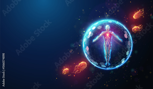 Abstract illustration of human body protected by shield barrier made of glowing neon particles. Blue geometric background depicting healthcare and disease treatment medical concept. Digital vector art