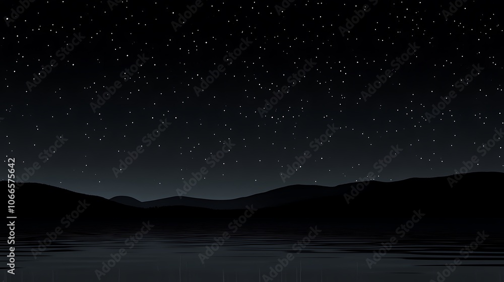 Naklejka premium Silhouetted Mountains Reflecting in a Still Lake Under a Starry Night Sky