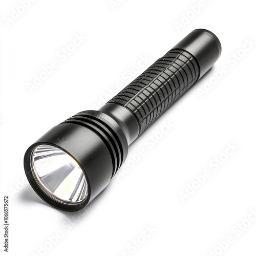 A black flashlight isolated on a white background.