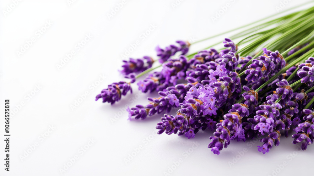 A vibrant bundle of fresh lavender flowers, showcasing their delicate purple petals and green stems, set against a clean white backdrop. A vibrant bundle of fresh lavender flowers, showcasing their delicate purple petals and green stems, set against a clean white backdrop.