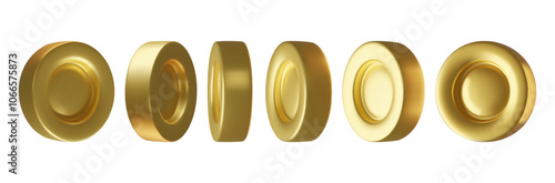 Gold coins 3d elements set rotating at different angles. Metal golden money collection realistic vector illustration.