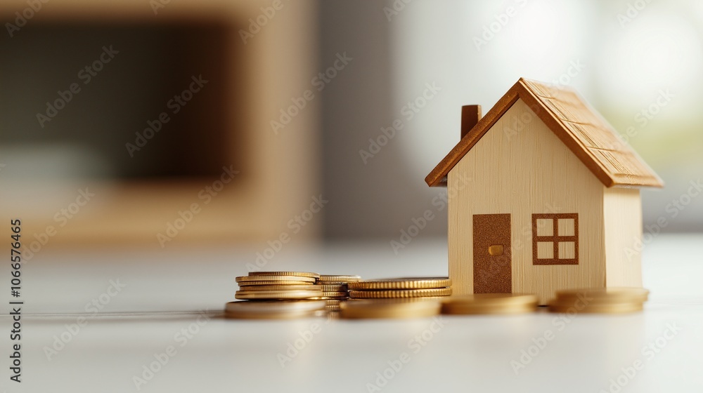 Model house and coins on a clean table surface Model house and coins on a clean table surface