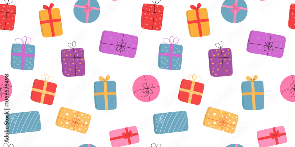 Seamless pattern with wrapped gifts. Holiday boxes with ribbons. Vector graphics. Seamless pattern with wrapped gifts. Holiday boxes with ribbons. Vector graphics.