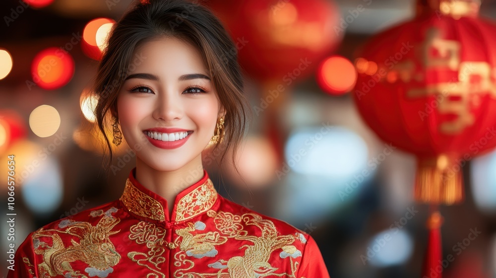A woman dressed in traditional Chinese New Year attire, wearing a vibrant red cheongsam with intricate golden embroidery, standing against a festive backdrop with lanterns and red decorations A woman dressed in traditional Chinese New Year attire, wearing a vibrant red cheongsam with intricate golden embroidery, standing against a festive backdrop with lanterns and red decorations