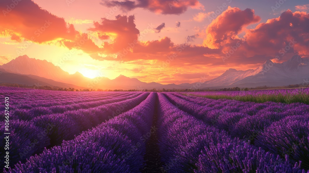Lavender Fields at Sunset with Majestic Mountains Lavender Fields at Sunset with Majestic Mountains