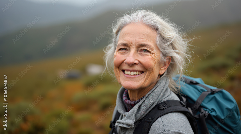 Captivating Outdoor Portrait of Diverse Hiker in Scenic Mountain Landscape - Authentic Adventure Stock Photo Captivating Outdoor Portrait of Diverse Hiker in Scenic Mountain Landscape - Authentic Adventure Stock Photo