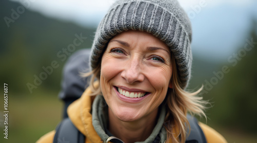 Captivating Outdoor Portrait of Diverse Hiker in Scenic Mountain Landscape - Authentic Adventure Stock Photo