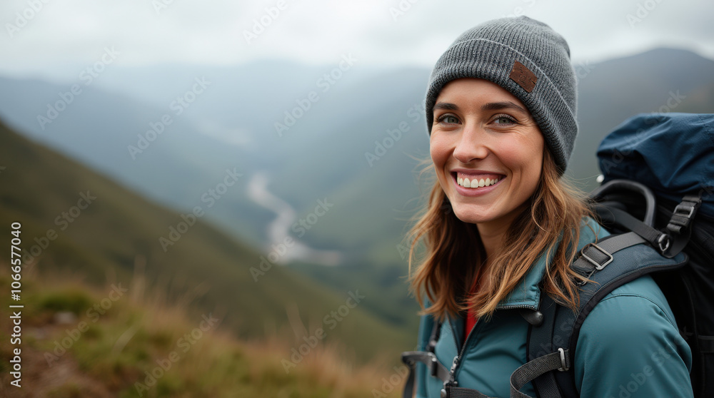 Captivating Outdoor Portrait of Diverse Hiker in Scenic Mountain Landscape - Authentic Adventure Stock Photo Captivating Outdoor Portrait of Diverse Hiker in Scenic Mountain Landscape - Authentic Adventure Stock Photo