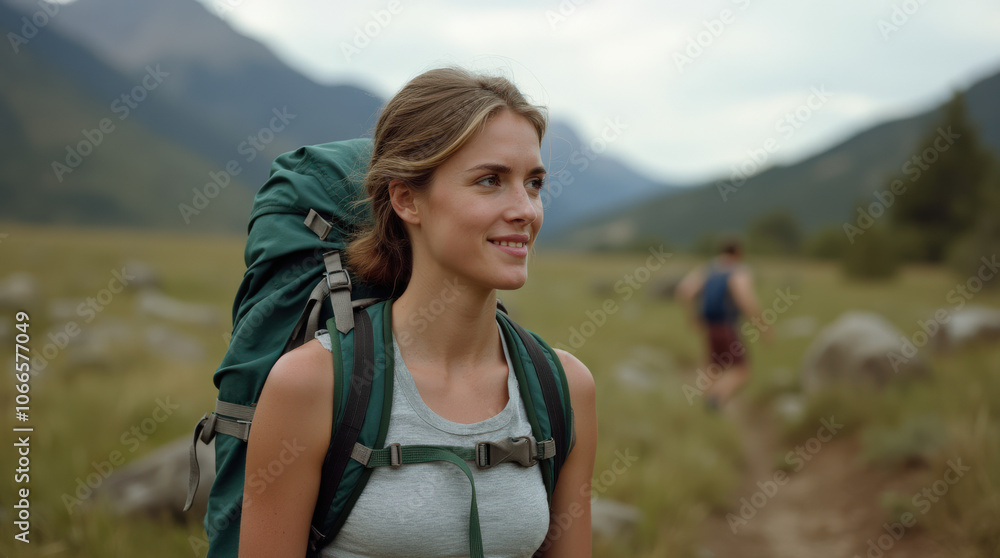 Captivating Outdoor Portrait of Diverse Hiker in Scenic Mountain Landscape - Authentic Adventure Stock Photo Captivating Outdoor Portrait of Diverse Hiker in Scenic Mountain Landscape - Authentic Adventure Stock Photo