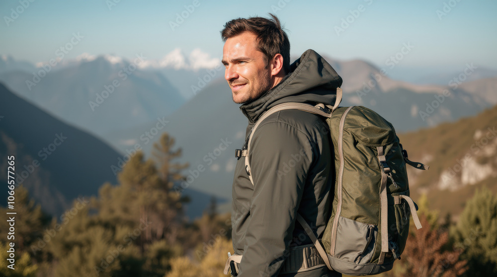 Captivating Outdoor Portrait of Diverse Hiker in Scenic Mountain Landscape - Authentic Adventure Stock Photo Captivating Outdoor Portrait of Diverse Hiker in Scenic Mountain Landscape - Authentic Adventure Stock Photo