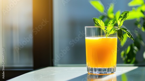 Vibrant Fruit Drink in Glass with Fresh Basil Garnish