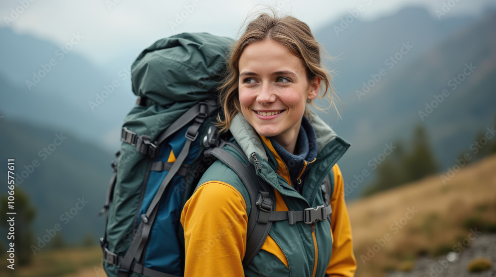 Captivating Outdoor Portrait of Diverse Hiker in Scenic Mountain Landscape - Authentic Adventure Stock Photo Captivating Outdoor Portrait of Diverse Hiker in Scenic Mountain Landscape - Authentic Adventure Stock Photo
