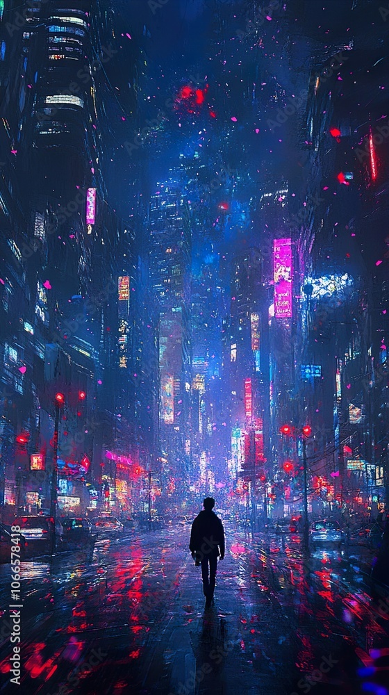 A Lonely Figure Walks Through a Cyberpunk Cityscape Under a Rain of Neon Lights A Lonely Figure Walks Through a Cyberpunk Cityscape Under a Rain of Neon Lights