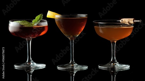 Three classic cocktails, a Manhattan, an Old Fashioned, and a Sazerac, arranged in a row on a black background.