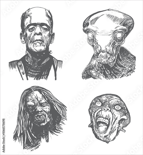 Halloween Zombie Heads Pack. Spooky Drawing Zombie Male Heads. Vector illustration