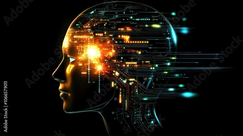 AI or artificial intelligence with the computer brain as a neural network. Programming and Deep machine learning of neural network. Robot Head with cybernetically mind.