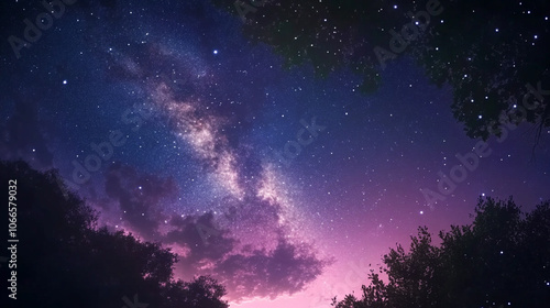 Starlit sky over a tranquil forest at dusk revealing the Milky Way and colorful clouds