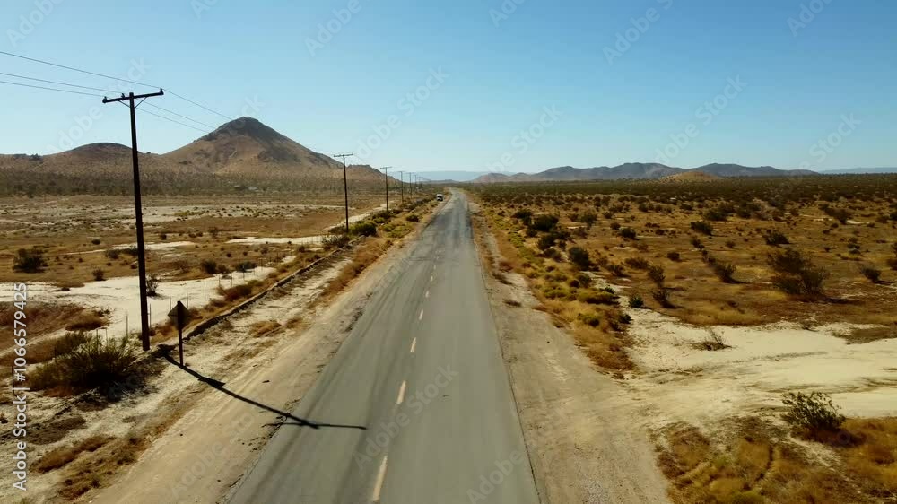 USA, CA, Mojave, Golden Queen Mine, 45585 - Drone view of a lonely desolate highway outside of Mojave, CA USA, CA, Mojave, Golden Queen Mine, 45585 - Drone view of a lonely desolate highway outside of Mojave, CA
