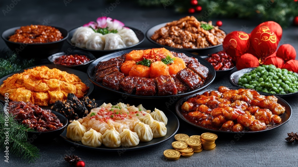 Chinese dumplings arranged in a traditional setting with elements like red lanterns, gold coins, and festive decorations, symbolizing wealth and blessings in Chinese culture Chinese dumplings arranged in a traditional setting with elements like red lanterns, gold coins, and festive decorations, symbolizing wealth and blessings in Chinese culture