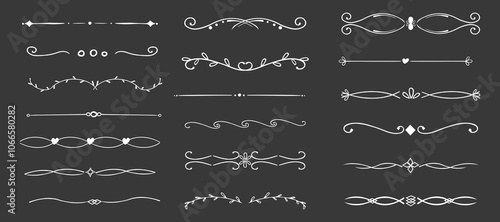 Swirl line chalk divider, doodle decorative fancy ornament border, simple hand drawn frame. Retro curve set flourish thin decorations.