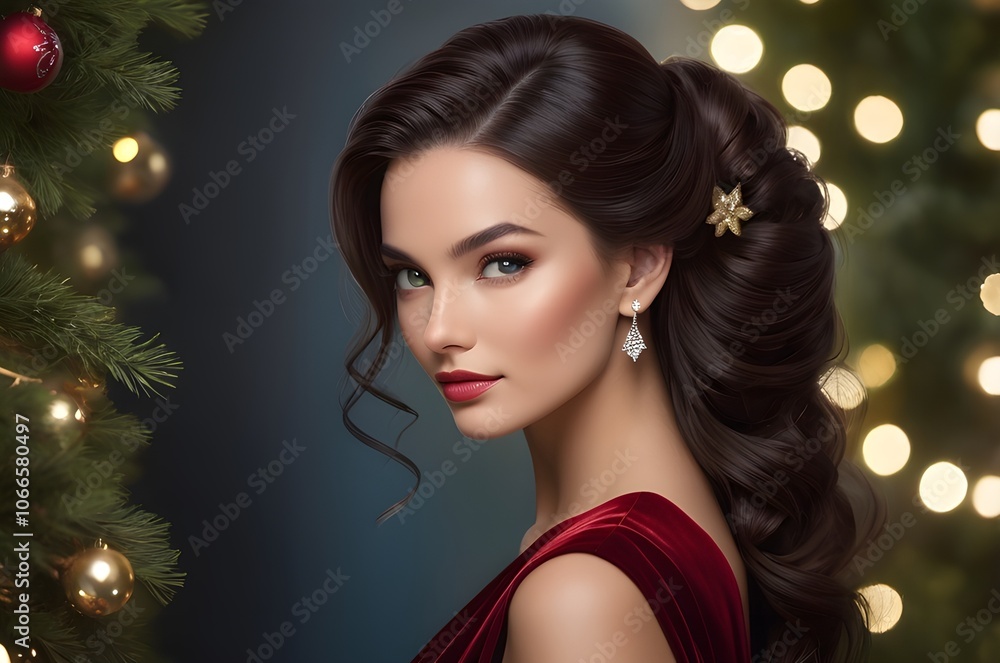Festive and Elegant Portrait of a Woman Amidst Christmas Trees and Warm Bokeh, a woman standing in front of a Christmas tree with holiday decorations Festive and Elegant Portrait of a Woman Amidst Christmas Trees and Warm Bokeh, a woman standing in front of a Christmas tree with holiday decorations