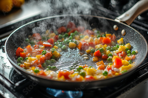 Colorful vegetables sautéing in a pan on the stove in the kitchen