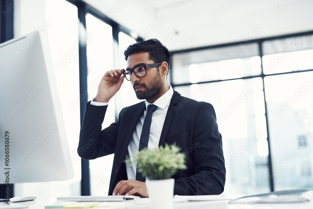 Computer, research and online with business man in office for investor portfolio, equity planning or risk management. Reading, consultant and website with person in corporate company for admin report Computer, research and online with business man in office for investor portfolio, equity planning or risk management. Reading, consultant and website with person in corporate company for admin report