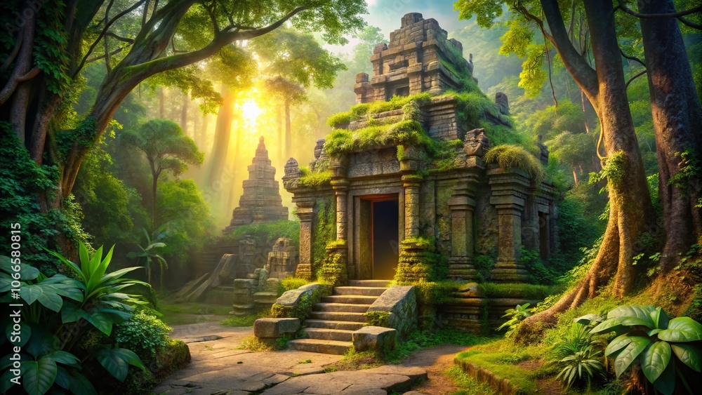 Ancient Jungle Temple Entrance in Golden Light - Candid Photography of a Mystical Stone Structure Surrounded by Lush Greenery and Enigmatic Atmosphere Ancient Jungle Temple Entrance in Golden Light - Candid Photography of a Mystical Stone Structure Surrounded by Lush Greenery and Enigmatic Atmosphere