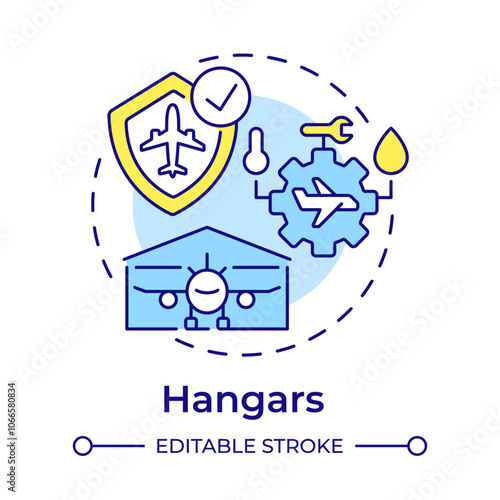 Hangars multi color concept icon. Airline management. Aircraft maintenance, engineering. Round shape line illustration. Abstract idea. Graphic design. Easy to use in infographic, presentation