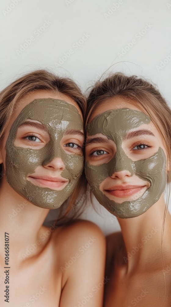 Two smiling young women enjoying a spa day with green clay masks, promoting healthy skin and relaxation through self care and natural beauty routines Two smiling young women enjoying a spa day with green clay masks, promoting healthy skin and relaxation through self care and natural beauty routines