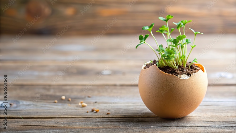 Small plants thrive in creative eggshell planters on rustic wooden surface, showcasing a unique decorative gardening idea Small plants thrive in creative eggshell planters on rustic wooden surface, showcasing a unique decorative gardening idea
