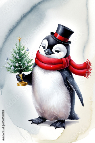 a very cute New Year's penguin in a hat and a red scarf on a neutral blue background holds a Christmas tree with decorations