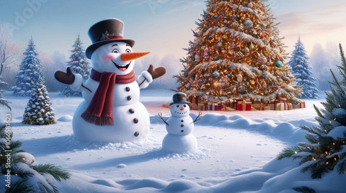 Two snowmen in hats and scarves stand in a snowy forest near a New Year tree