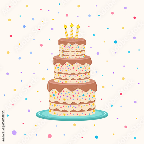 Tiered delicious sweet cake with chocolate layers and icing. Delicious confection isolated cartoon vector illustration.