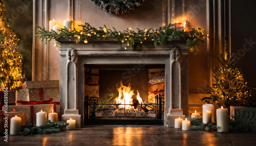 A cozy fireplace decorated with a New Year's countdown calendar, candles and garlands on the fireplace