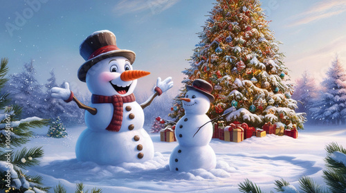 Two snowmen in hats and scarves stand in a snowy forest near a New Year tree